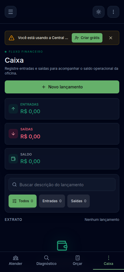 Tela Caixa do Lite com lançamentos simples do dia