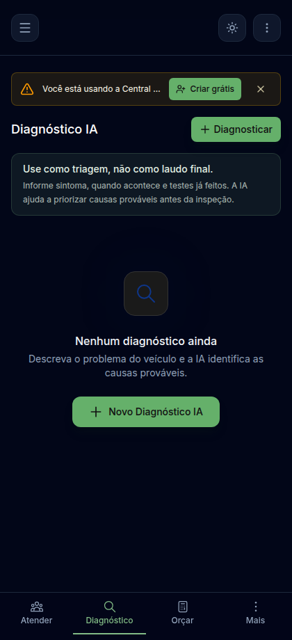 Tela Diagnóstico IA do Lite, com o aviso de usar como triagem e o botão Novo Diagnóstico IA