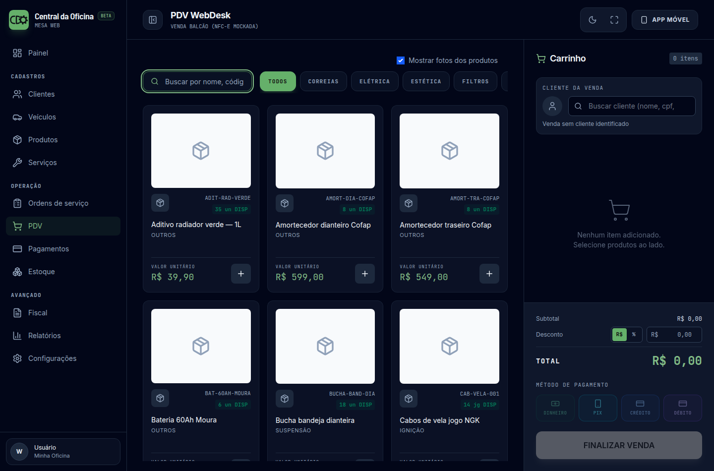 PDV real da Mesa Web com produtos, carrinho e formas de pagamento